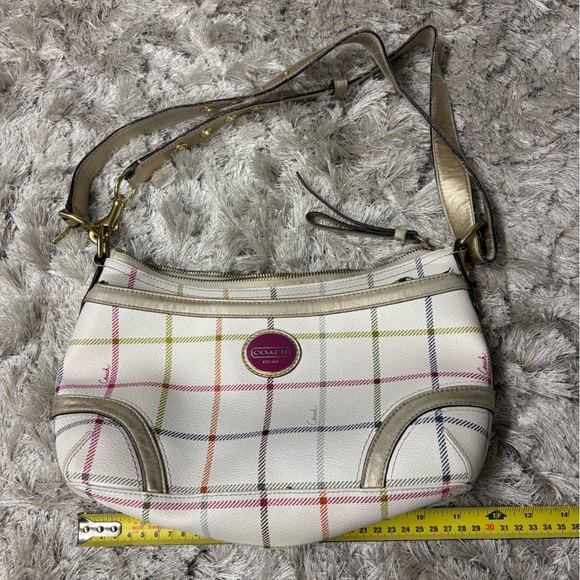 Coach White Plaid Crossbody Shoulder Bag with Multicolor Stripes - Picture 14 of 16